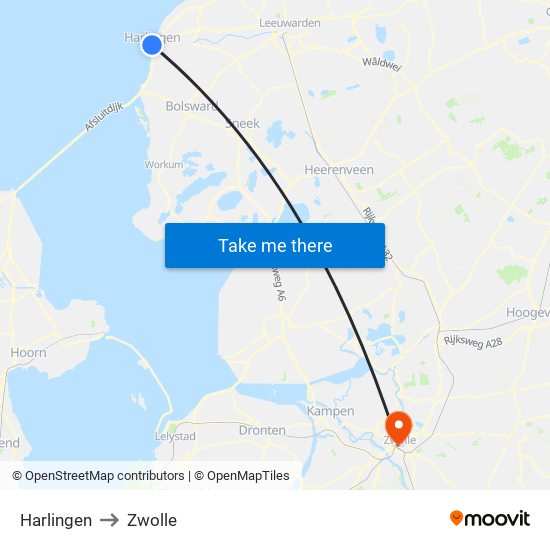 Harlingen to Zwolle map