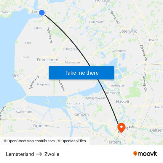 Lemsterland to Zwolle map