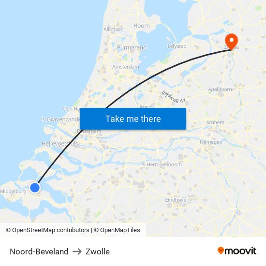 Noord-Beveland to Zwolle map