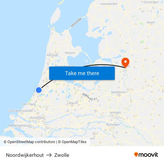 Noordwijkerhout to Zwolle map