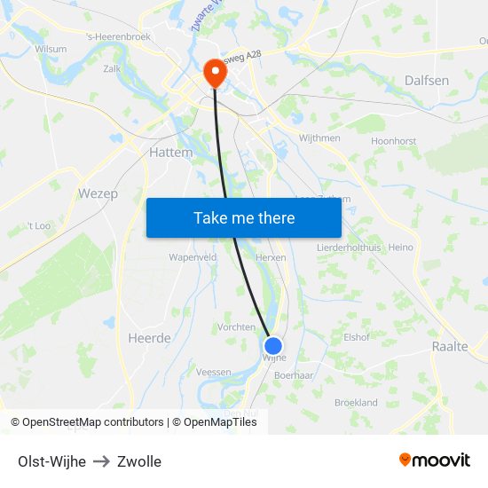 Olst-Wijhe to Zwolle map