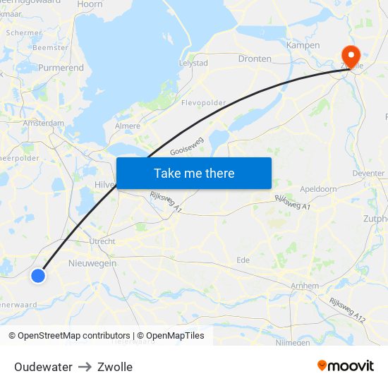 Oudewater to Zwolle map