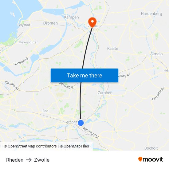 Rheden to Zwolle map