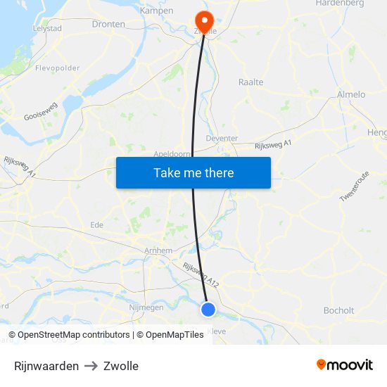 Rijnwaarden to Zwolle map