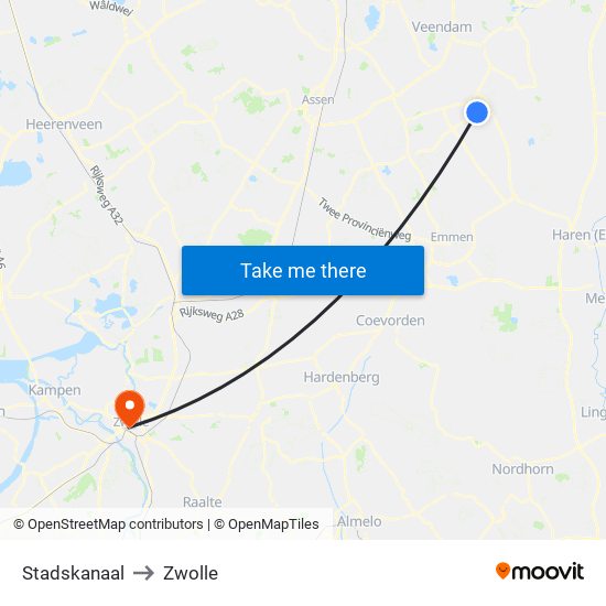 Stadskanaal to Zwolle map