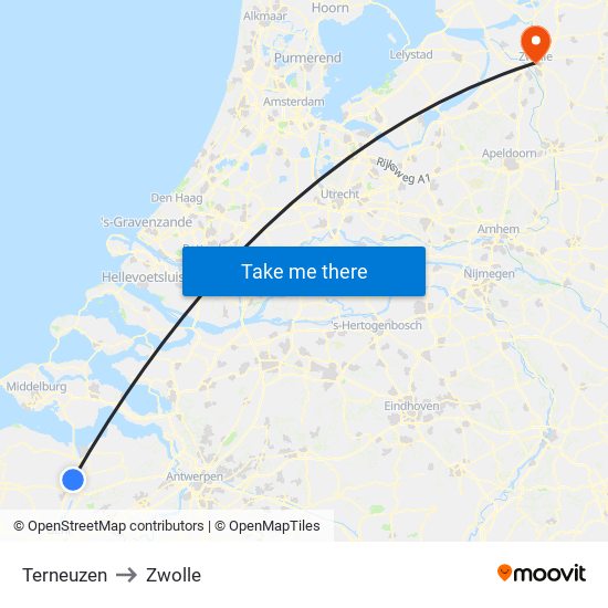 Terneuzen to Zwolle map