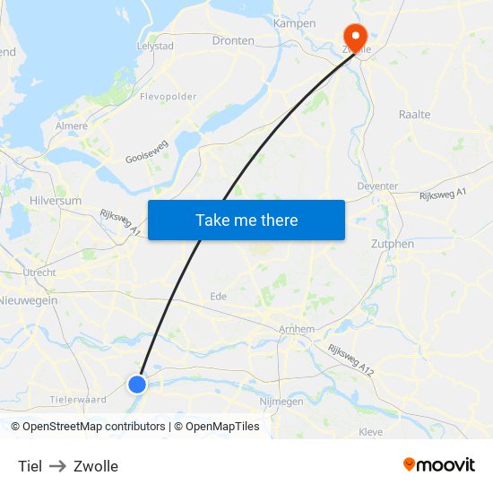 Tiel to Zwolle map