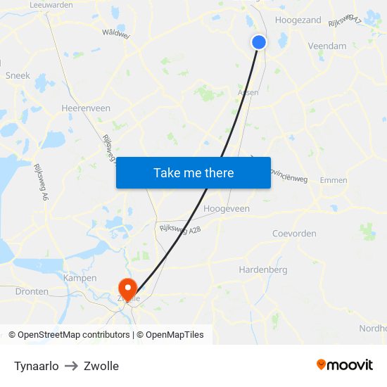 Tynaarlo to Zwolle map