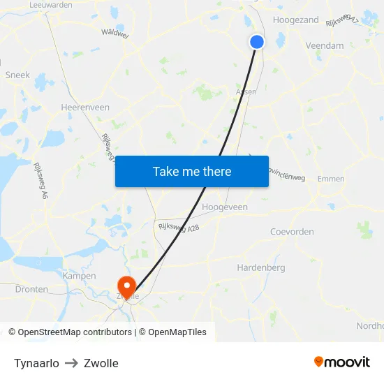 Tynaarlo to Zwolle map