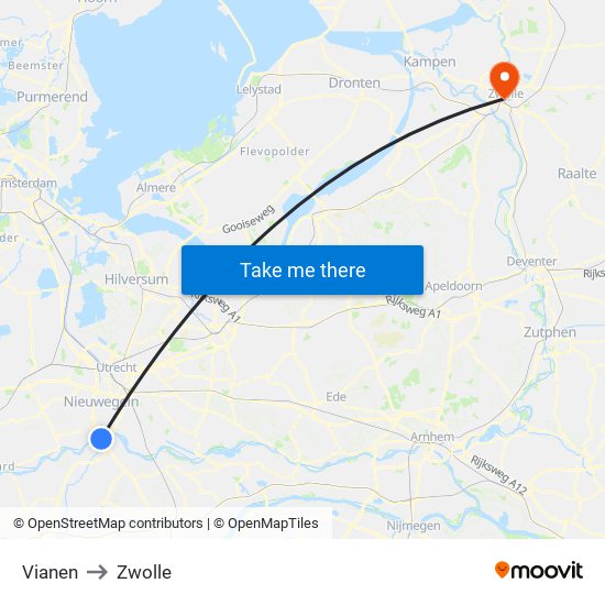 Vianen to Zwolle map
