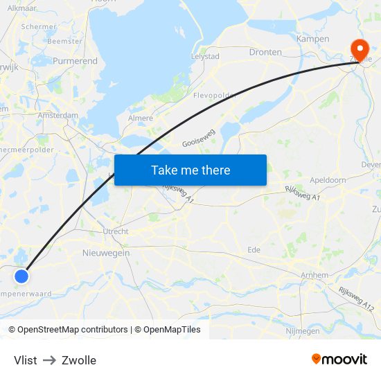 Vlist to Zwolle map