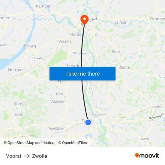 Voorst to Zwolle map