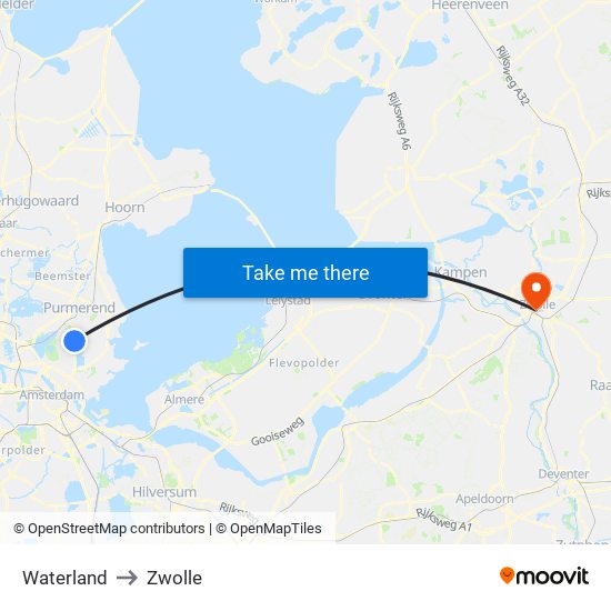Waterland to Zwolle map