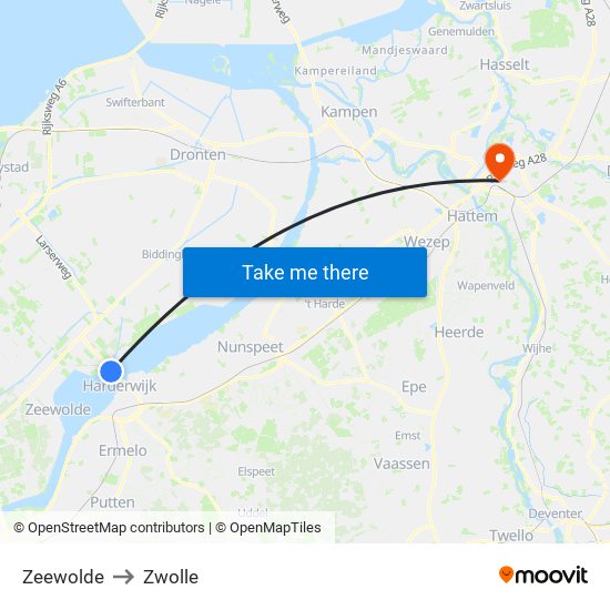 Zeewolde to Zwolle map