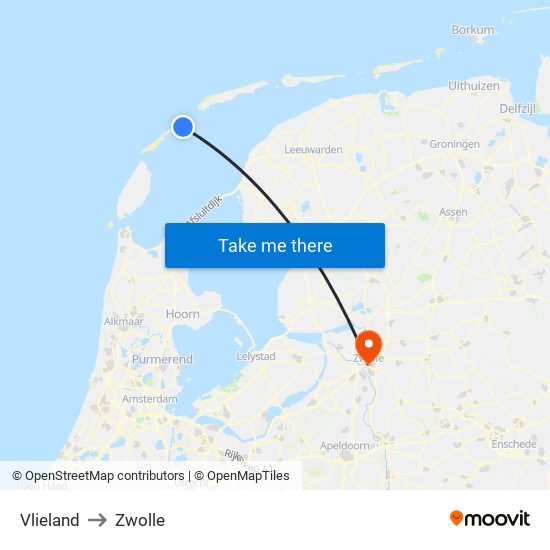 Vlieland to Zwolle map