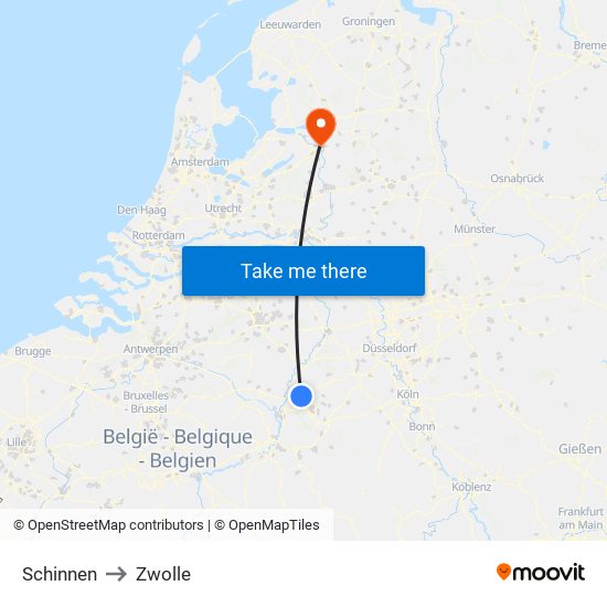 Schinnen to Zwolle map