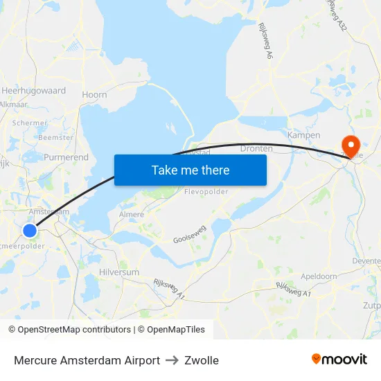 Mercure Amsterdam Airport to Zwolle map