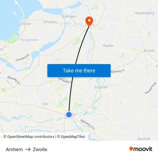 Arnhem to Zwolle map