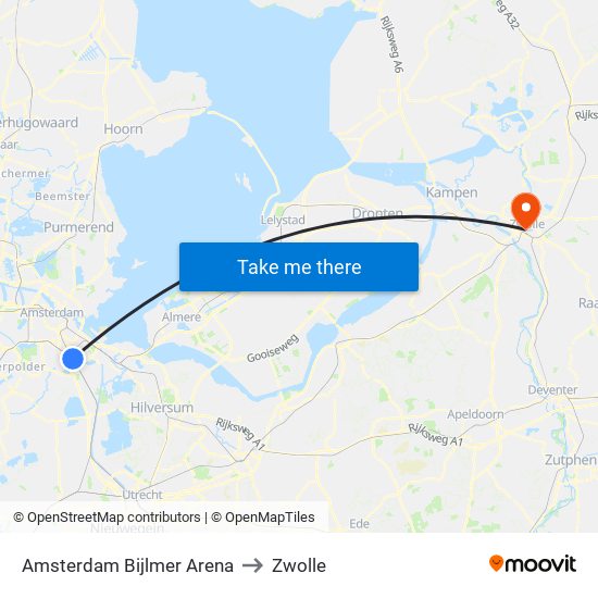 Amsterdam Bijlmer Arena to Zwolle map