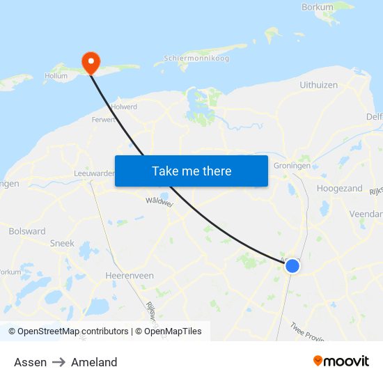 Assen to Ameland map