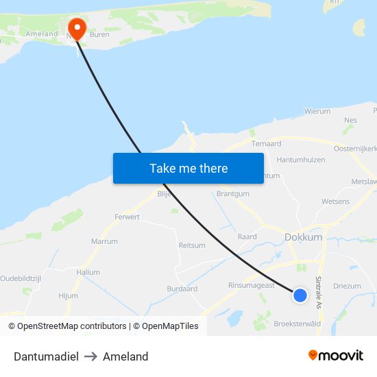 Dantumadiel to Ameland map