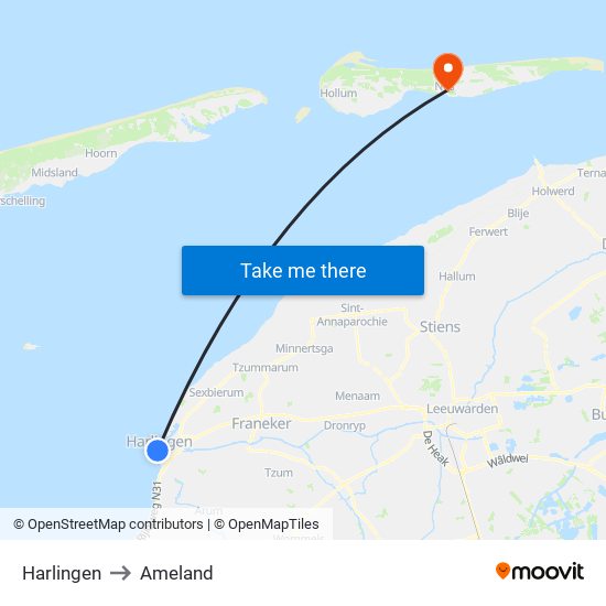 Harlingen to Ameland map