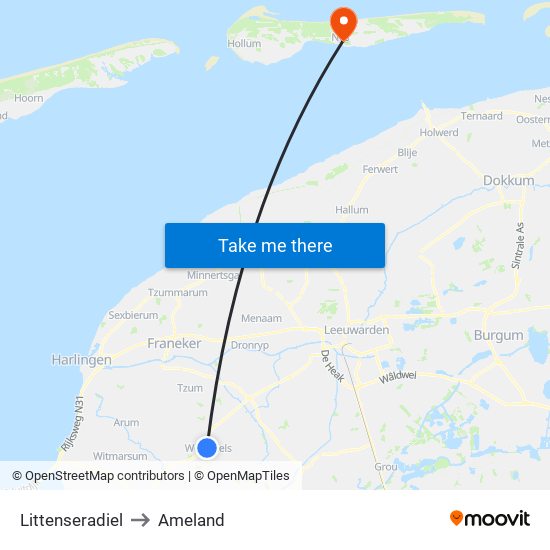 Littenseradiel to Ameland map