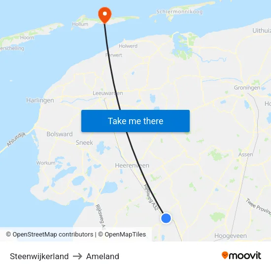 Steenwijkerland to Ameland map