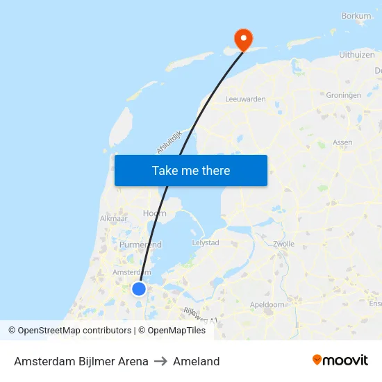 Amsterdam Bijlmer Arena to Ameland map