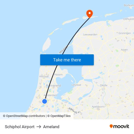 Schiphol Airport to Ameland map