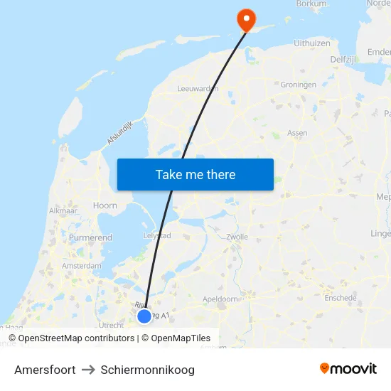 Amersfoort to Schiermonnikoog map