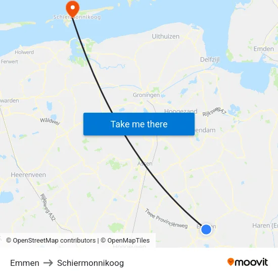 Emmen to Schiermonnikoog map