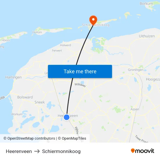 Heerenveen to Schiermonnikoog map