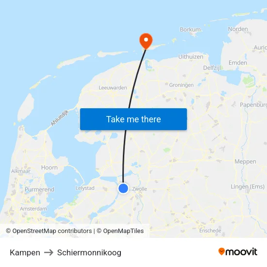Kampen to Schiermonnikoog map