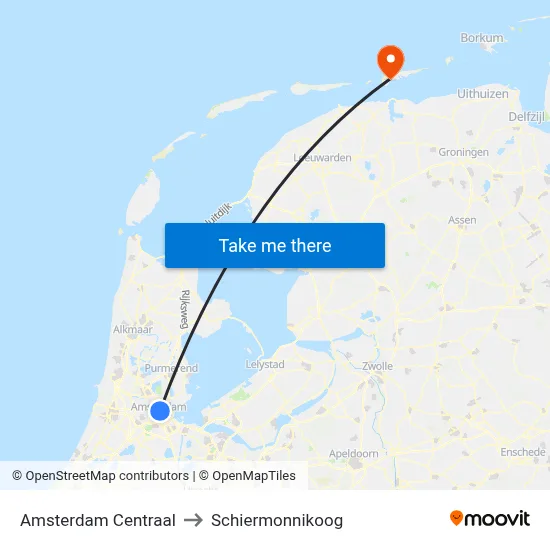 Amsterdam Centraal to Schiermonnikoog map