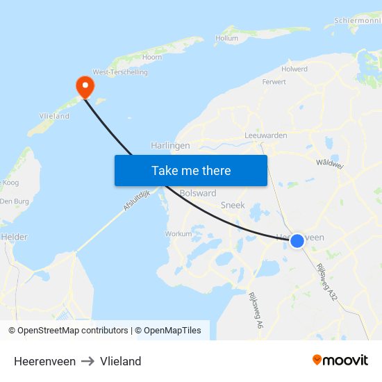 Heerenveen to Vlieland map