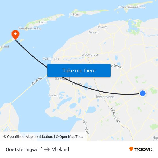 Ooststellingwerf to Vlieland map