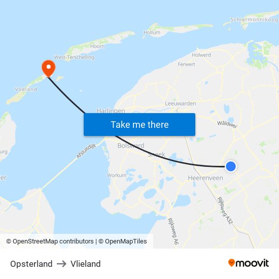 Opsterland to Vlieland map