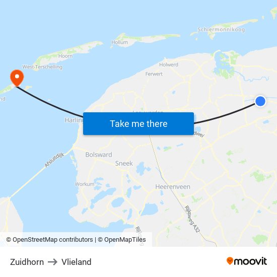 Zuidhorn to Vlieland map