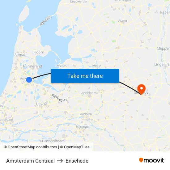 Amsterdam Centraal to Enschede map