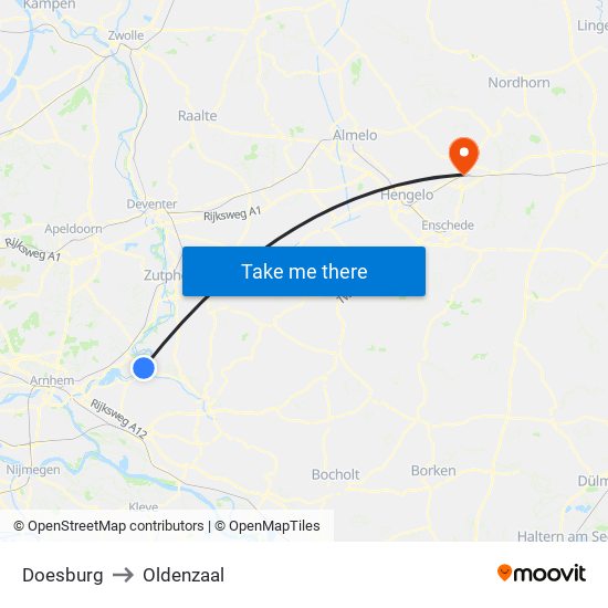 Doesburg to Oldenzaal map
