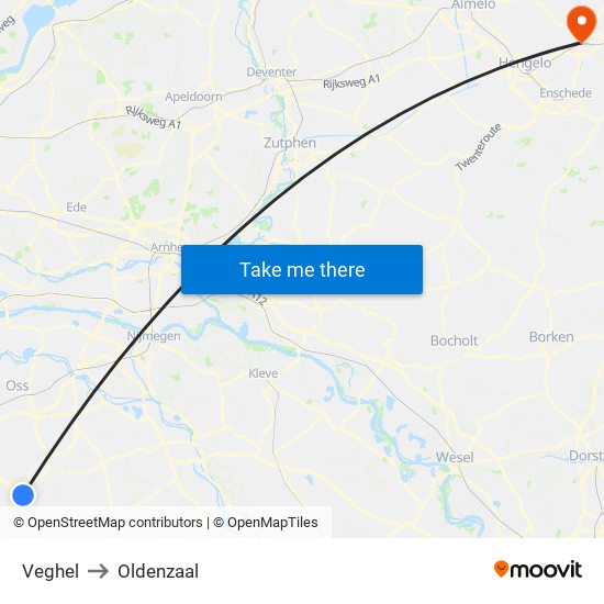 Veghel to Oldenzaal map