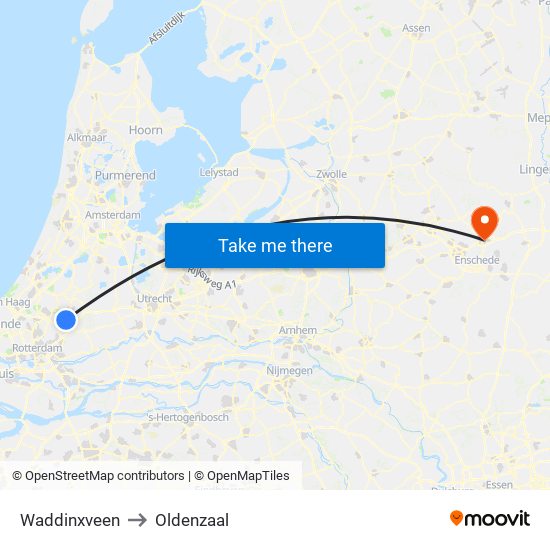 Waddinxveen to Oldenzaal map