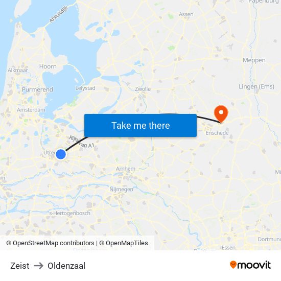 Zeist to Oldenzaal map