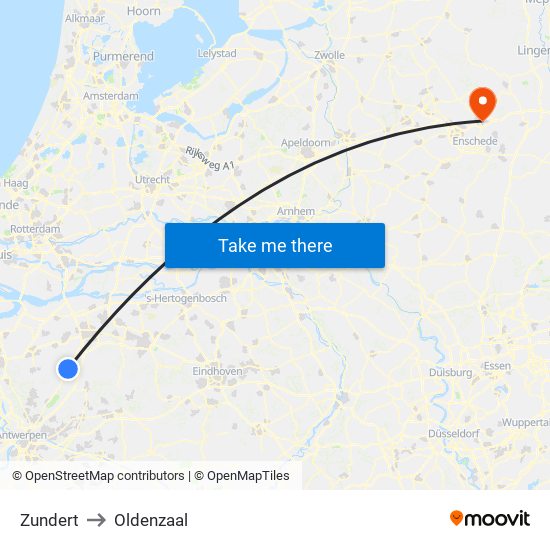 Zundert to Oldenzaal map