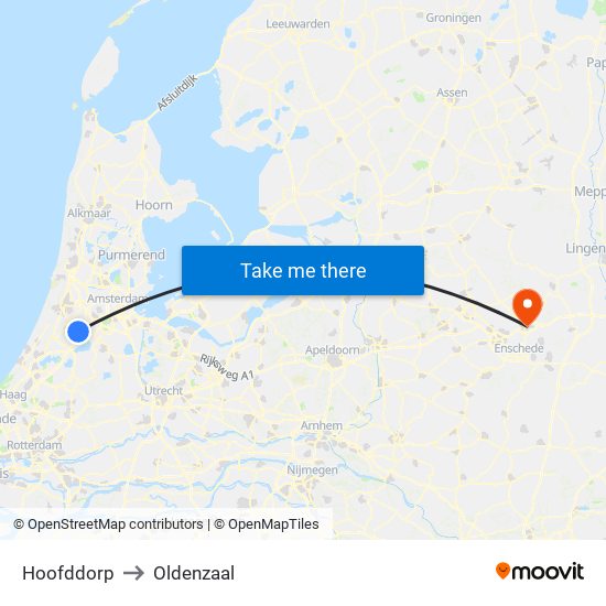 Hoofddorp to Oldenzaal map