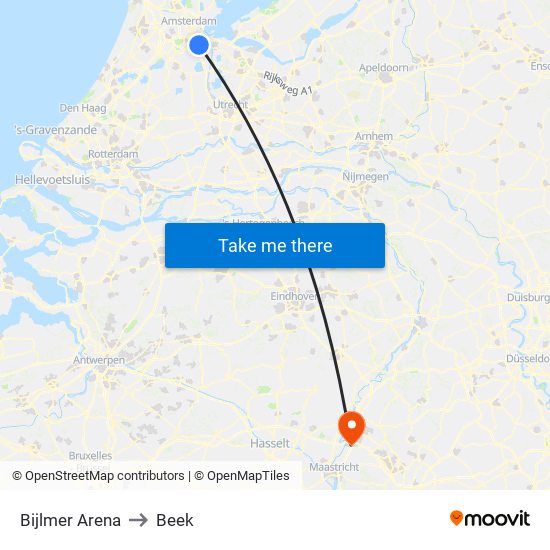 Bijlmer Arena to Beek map