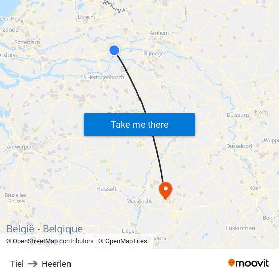 Tiel to Heerlen map