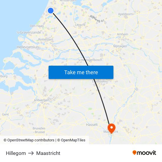 Hillegom to Maastricht map