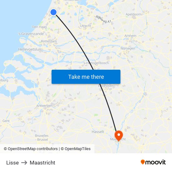 Lisse to Maastricht map